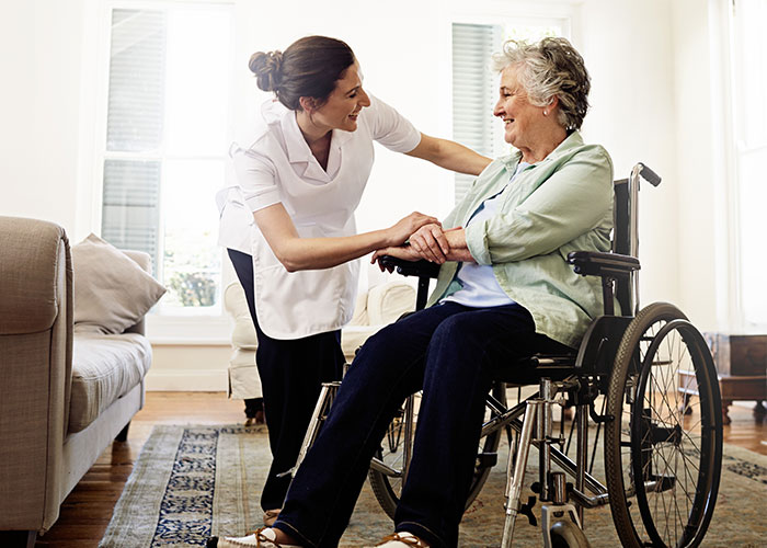 nurse helping elder woman in wheelchair within home